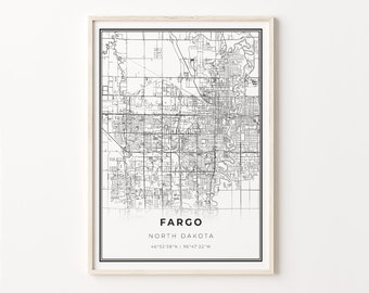 Fargo City Map Art Print: Modern Black and White Wall Decor