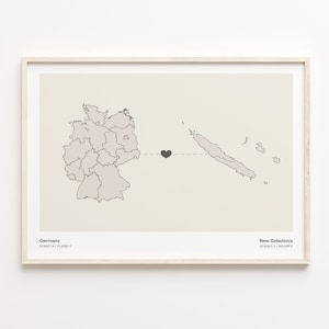 Deutschland - Neukaledonien Druck, Niederländisches Geschenk, Minimalistische Land Verbindung Karte Poster, Reise Wandkunst, Fernweh Liebe Karte, C21-528