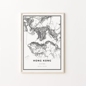 Hong Kong Print, plakat artystyczny z mapą miasta, Chiny, dekoracja ścienna, nowoczesny styl czarno-biały, prezent dla kuzyna, C13-501