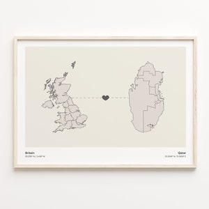 Britain to Qatar Print, Qatari Gift, Minimalistic Country Connection Map Poster, United Kingdom Art, Travel Map, C21-348