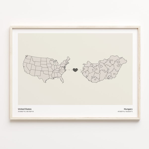 United States to Hungary Print, Hungarian Gift, Minimalistic Country Connection Map Poster, USA Wall Art, Volunteer Gift, C21-80