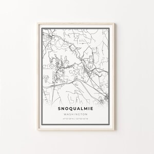 Impresión de Snoqualmie, cartel de arte del mapa de la ciudad, Washington WA EE. UU., decoración de arte de la pared, estilo moderno en blanco y negro, mentor de regalo, C13-269