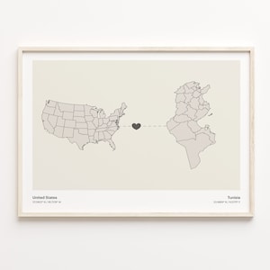 United States to Tunisia Print, Tunisian Gift, Minimalistic Country Connection Map Poster, USA Wall Art, Cultural Roots, C21-184