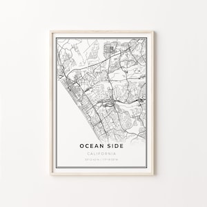 Ocean Side Print, City Map Art Poster, California CA USA, Wall Art Decor, Modern Black and White Style, Entryway Print, C13-153