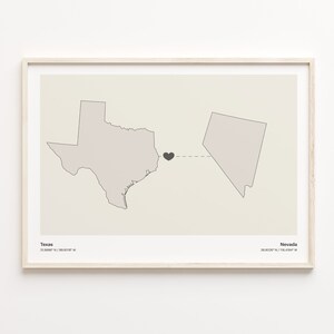 Impression du Texas au Nevada, cadeau du Nevada, affiche de carte minimaliste de connexion d'état, art mural de voyage, amour continental, C21-1280