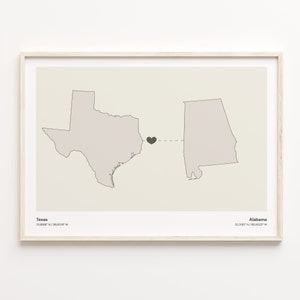 Texas naar Alabama Print, Alabamian Gift, Minimalistische State Connection Map Poster, Travel Wall Art, Relatiekaart, C21-1248