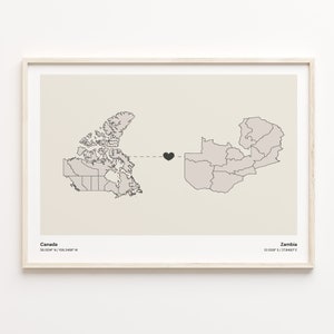 Kanada-Sambia-Druck, sambisches Geschenk, minimalistisches Landverbindungskarten-Poster, Reise-Wandkunst, Umzugskarte ins Ausland, C21-795