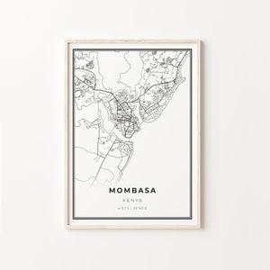 Impressão de Mombasa, pôster de arte de mapa da cidade, Quênia, decoração de arte de parede, estilo moderno preto e branco, presente para um menino, C13-490