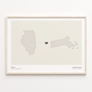 Illinois to Massachusetts Print, Massachusettsan Gift, Minimalistic State Connection Map Poster, Travel Wall Art, Welcome Home, C21-1474