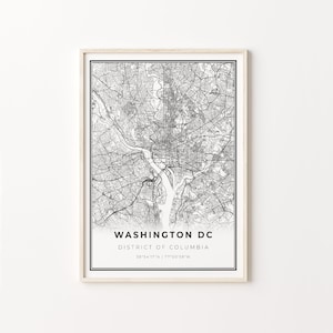 Impressão de Washington DC, pôster de arte de mapa da cidade, Distrito de Columbia EUA, decoração de arte de parede, estilo moderno em preto e branco, C13-332