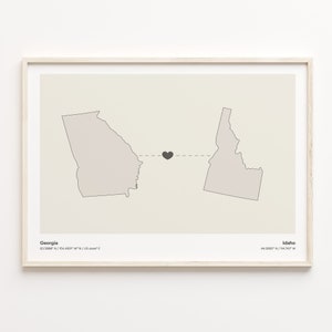Könnte beinhalten: Ein minimalistischer Druck mit den Umrissen von Georgia und Idaho, die durch eine gestrichelte Linie mit einem schwarzen Herzen in der Mitte verbunden sind. Die Namen der Bundesstaaten und ihre Koordinaten sind unter den Umrissen aufgeführt.