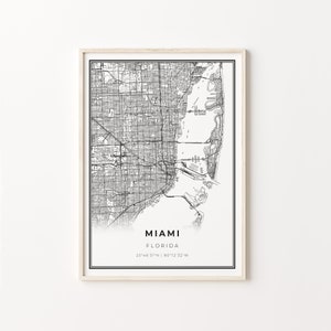 Miami Print, City Map Art Poster, Florida FL USA, Wall Art Decor, Moderne Zwart-Wit Stijl, Gifr For A Man, C13-190