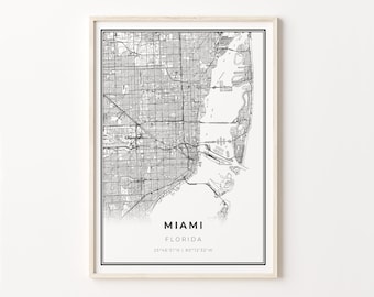 Miami City Map Art Print: Modern Black and White Wall Decor