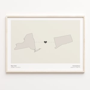 New York to Conneticut Print, Conneticuter Geschenk, Minimalistische Verbindung Map Poster, Reise-Wandkunst, Auf Wiedersehen, C21-1357