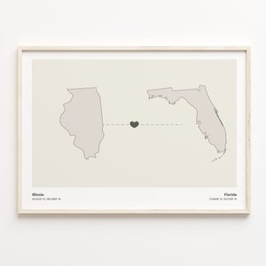 Illinois naar Florida Print, Florida Gift, Minimalistische State Connection Map Poster, Travel Wall Art, Gap Year Map, C21-1464
