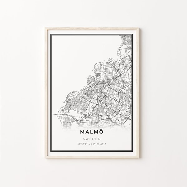 Malmö Print, City Map Art Poster, Sweden Malmo Sweden, Wall Art Decor, Modern Black and White Style, Entryway Print, C13-671