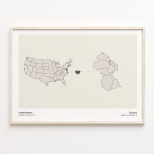USA to Guyana Print, Guyanan Geschenk, Minimalistische Landkarte Poster, USA Wandkunst, Gap Year, C21-76