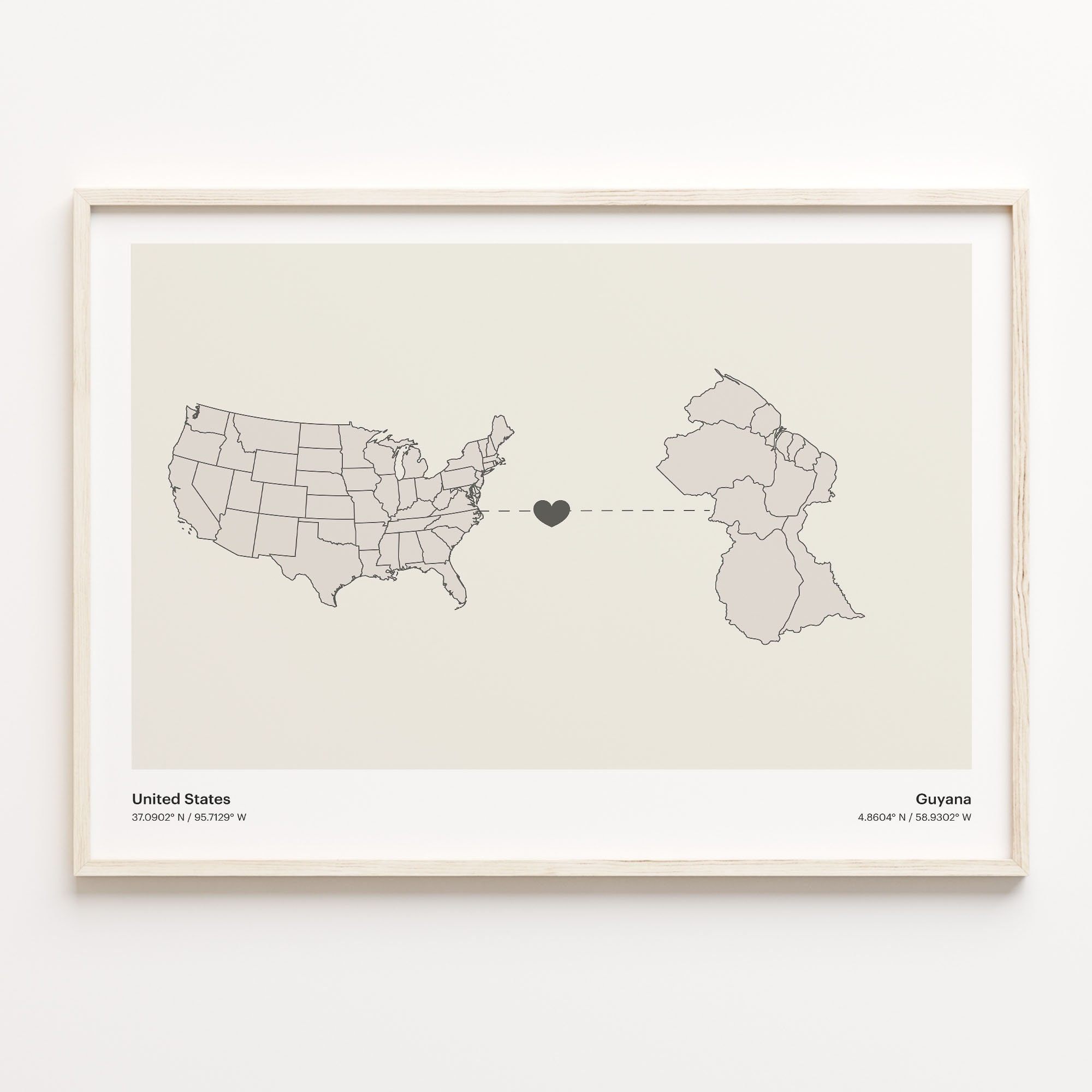 United States to Guyana Print, Guyanese Gift, Minimalistic Country Connection Map Poster, USA Wall Art, Gap Year, C21-76