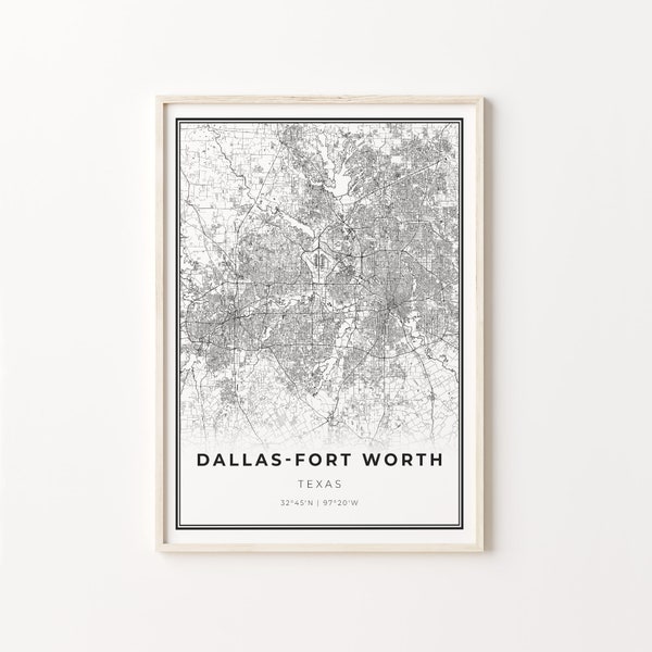 Dallas-Fort Worth DFW Print, City Map Art Poster, Texas TX USA, Wall Art Decor, Modern Black and White Style, Art Poster, C13-2