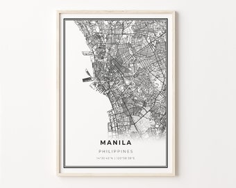May include: Black and white map print of Manila, Philippines. The map shows the city streets and landmarks. The text "MANILA, PHILIPPINES, 14°35'45"N | 120°58'38"E" is printed below the map.