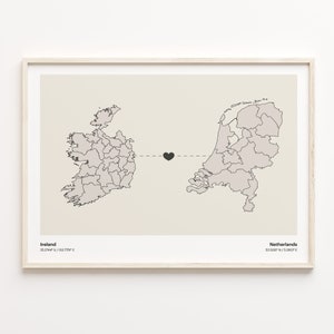 Impression de l'Irlande aux Pays-Bas, cadeau népalais, affiche de carte minimaliste de connexion pays, art mural de voyage, cadeau d'amour à l'étranger, C21-1124