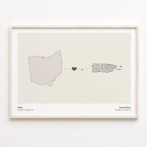 Ohio to Puerto Rico Print, Puerto Rican Gift, Minimalistic State Connection Map Poster, Travel Wall Art, Expat, C21-1546
