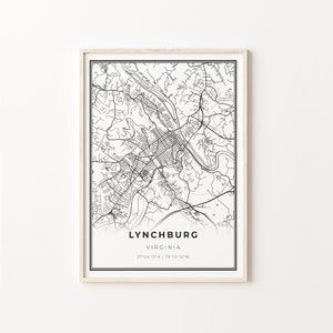 Impresión de Lynchburg, cartel de arte del mapa de la ciudad, Virginia VA USA, decoración de arte de pared, estilo moderno en blanco y negro, pared escandinava, C13-305