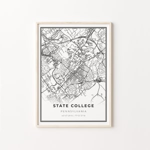 Impressão da faculdade estadual, pôster de arte de mapa da cidade, Pensilvânia PA EUA, decoração de arte de parede, estilo moderno em preto e branco, presente de escritório para chefe, C13-400