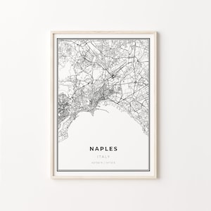 Impressão de Nápoles, pôster artístico de mapa da cidade, Itália Napoli Italia, decoração de arte de parede, estilo moderno preto e branco, presente médico, C13-460
