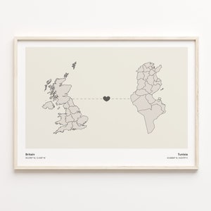 Britain to Tunisia Print, Tunisian Gift, Minimalistic Country Connection Map Poster, United Kingdom Art, Cultural Roots Gift, C21-383