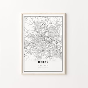 Derby Print, City Map Art Poster, England UK United Kingdom, Wall Art Decor, Modern Black and White Style, Gift Colleague, C13-457