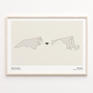 North Carolina to Maryland Print, Marylander Gift, Minimalistic State Connection Map Poster, Travel Wall Art, New Country Gift, C21-1631