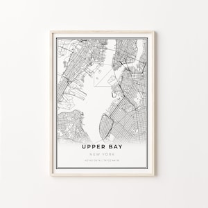 Upper Bay New York Druck, Stadt Karte Kunst Poster, NY USA, Wand Kunst Dekor, Modern Schwarz Weiß Stil, Geschenk Ideen Für Mädchen, C13-261