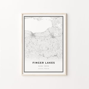 Finger Lakes Druck, Stadt Karte Kunst Poster, New York NY USA, Wand Kunst Dekor, Modern Schwarz Weiß Stil, Schlafzimmer Poster, C13-148