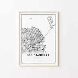 Downtown San Francisco Print, City Map Art Poster, California CA USA, Wall Art Decor, Modern Black and White Style, C13-395