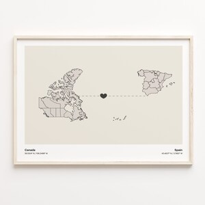 Kanada to Spanien Print, Südkoreanisches Geschenk, Minimalistische Landkarte Poster, Reise Wandkunst, Im Ausland leben, C21-766