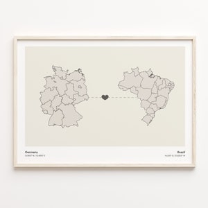 Deutschland Brasilien Print, Brasilien Geschenk, Minimalistische Landkarte Poster, Reise Wandkunst, randlose Liebeskarte, C21-423