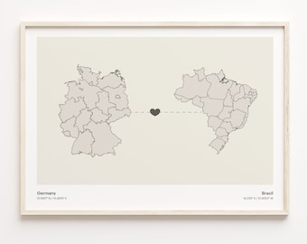 Germany to Brazil Print, Brazilian Gift, Minimalistic Country Connection Map Poster, Travel Wall Art, Borderless Love Map, C21-423