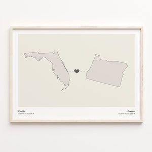 Florida naar Oregon Print, Oregonian Gift, minimalistische State Connection kaart poster, kunst aan de muur reizen, reizen, C21-1336