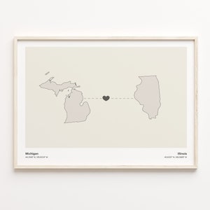 Michigan to Illinois Print, Illinoisan Gift, Minimalistic State Connection Map Poster, Travel Wall Art, Continental Love Map, C21-1677