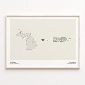 Michigan to Puerto Rico Print, Puerto Rican Gift, Minimalistic State Connection Map Poster, Travel Wall Art, Expatriate, C21-1702