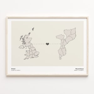 Britain to Mosambique Print, Mosambikanisches Geschenk, Minimalistisches Land Verbindung Poster, Vereinigtes Königreich Kunst, Länder Herz, C21-325