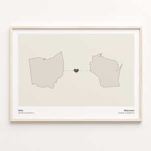 Ohio to Wisconsin Print, Wisconsinite Gift, Minimalistic State Connection Map Poster, Travel Wall Art, Goodbye Gift, C21-1556