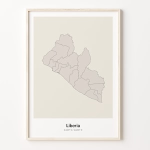 リベリア プリント、リベリア ギフト、ミニマルな国地図ポスター、LR ライン アート、地図作成アート、C24-104