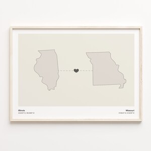 Illinois to Missouri Print, Missourian Gift, Minimalistic State Connection Map Poster, Travel Wall Art, Continental Love Map, C21-1479