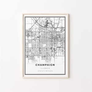 Champaign Print, City Map Art Poster, Illinois IL USA, Wall Art Decor, Modern Black and White Style, Gift For The Couple, C13-243