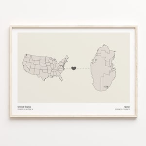 United States to Qatar Print, Qatari Gift, Minimalistic Country Connection Map Poster, USA Wall Art, Travel Gift, C21-149