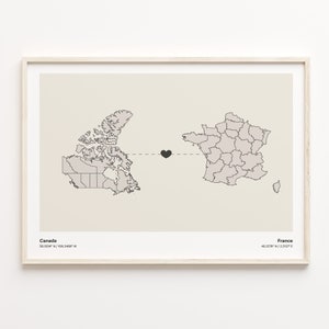 Impresión de Canadá a Francia, regalo finlandés, cartel minimalista del mapa de conexión del país, arte de la pared de viajes, mapa de expatriados, C21-657