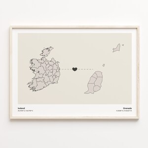 Ireland to Grenada Print, Grenadian Gift, Minimalistic Country Connection Map Poster, Travel Wall Art, Live Abroad Map, C21-1065
