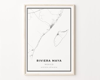 Riviera Maya Map Print: Modern Black and White Mexico Wall Art
